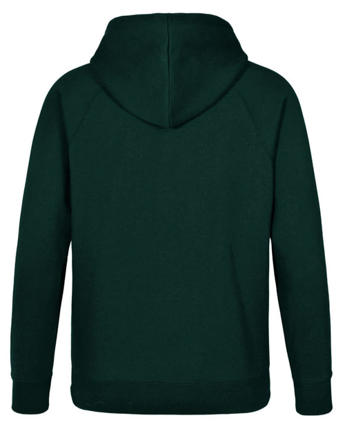 A dark green men's fleecy hoodie featuring a hood and long sleeves, with a plain back and a logo.