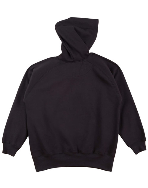 A black kids' fleece hoodie with a hood and raglan sleeves, featuring a plain back and ribbed cuffs.