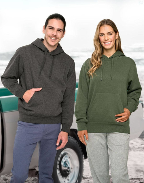 A white fleece hoodie with a front pocket is worn by a male and female model, showcasing the product's fit and style.
