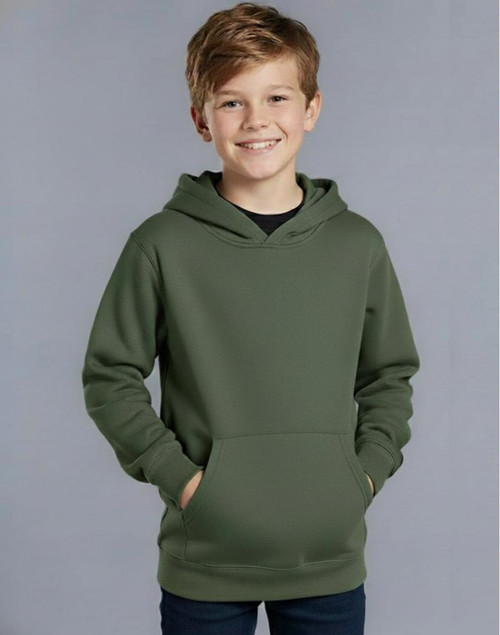 A grey kids' fleecy hoodie with a front pocket and a hood, worn by a smiling child against a neutral background.
