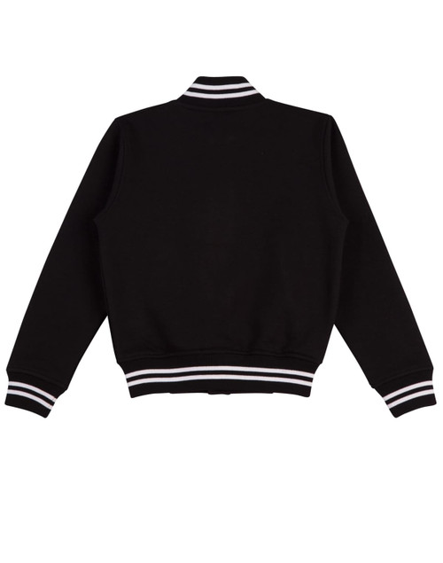 A black fleece varsity jacket featuring white striped ribbing on the collar and cuffs, with a logo on the back.
