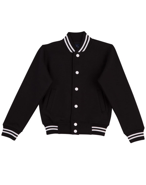 A black fleece varsity jacket featuring contrasting white stripes and buttons, with side pockets and a casual fit.