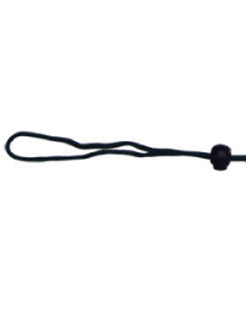 A black chin strap break-away clip with a looped end and a bead for adjustment.