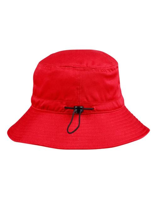 A red bucket hat with a toggle adjustment at the back, featuring a wide brim. It has an attached logo.