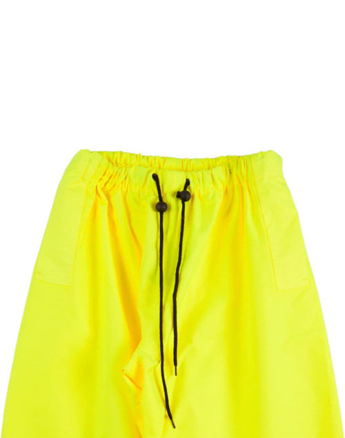 Hi-vis yellow safety pants featuring an elastic waistband and drawstring, designed for enhanced visibility and safety.