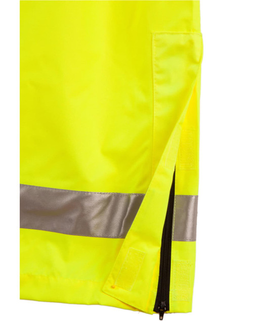 Hi-Vis safety pant in bright yellow with reflective 3M tape detailing and zippered sides. Features a logo.