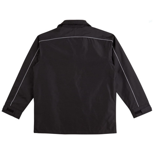 A black sport/racing jacket with white piping details and a simple design. It features a collar and long sleeves.