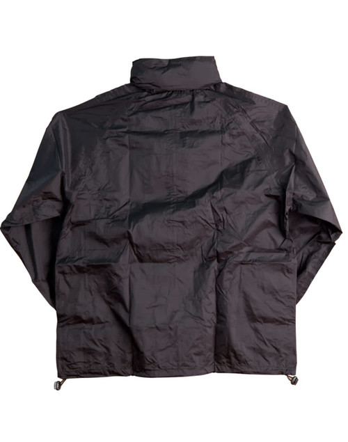 A black Kids' Outdoor Activity Spray Jacket with a simple design and adjustable hem, featuring a logo.