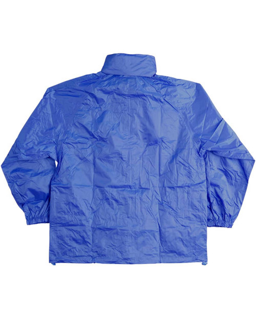 A blue kids' outdoor activity spray jacket with a back view, featuring a collar and elastic cuffs.