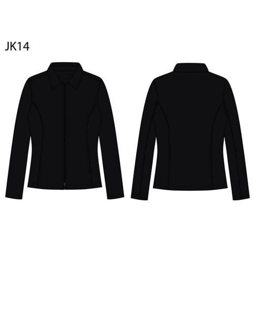 A black wool blend jacket featuring a collared design and a fitted style, with a logo on the front.
