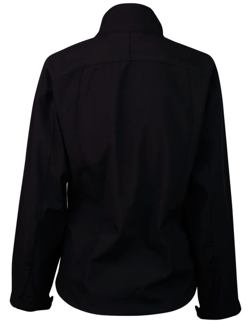 A black softshell jacket featuring a collar and a simple back design. It has a logo on the fabric.