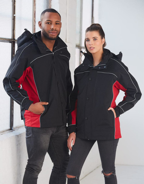 A black and red 3-in-1 jacket with a hood, worn by two models, featuring a branded logo.