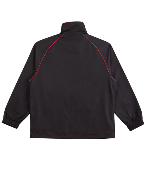 A black track jacket with red piping, featuring a high collar and elastic cuffs. It has a logo on the back.