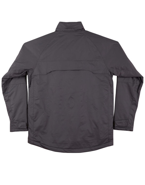 A black men's chalet jacket with a high collar and long sleeves, featuring a logo on the back.