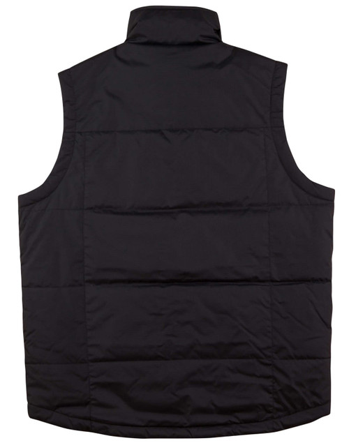 A black nylon rip-stop padded vest with a high collar and quilted design, featuring a logo.