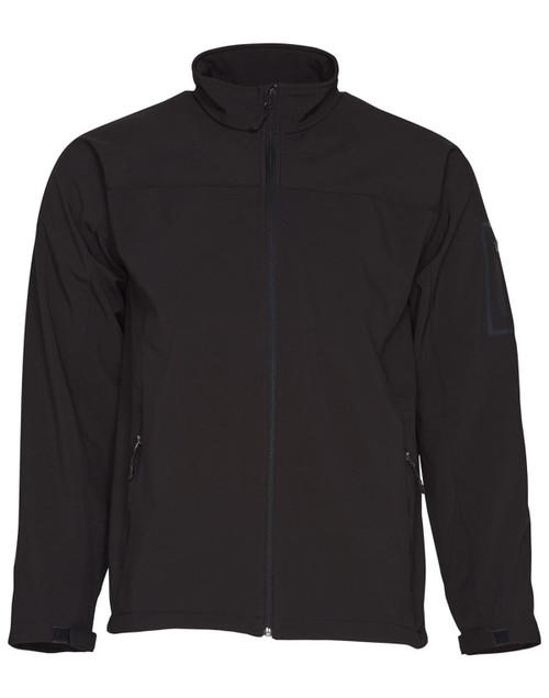 A black softshell jacket with a zippered front and side pockets, featuring a logo on the arm.