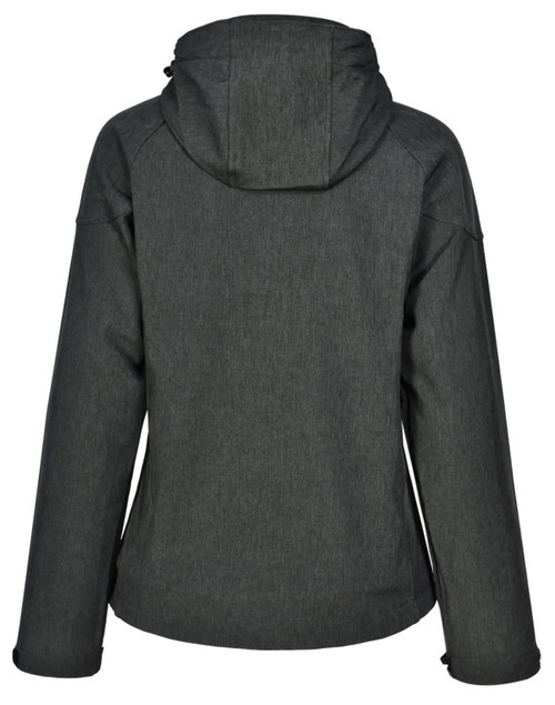 A dark grey ladies' softshell full zip hoodie with a hood and a subtle texture. Features a logo on the back.