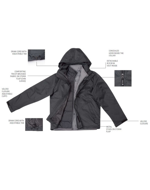 A versatile black jacket with a detachable hood, adjustable cuffs, and several functional features. It has a logo.