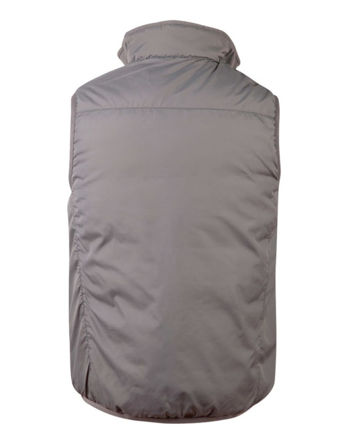 A grey versatile vest with a high collar and a padded design, featuring a logo on the back.