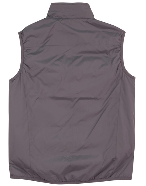 A grey ladies' vest featuring a collar and no sleeves, with gathered detail on the sides. It has a logo.