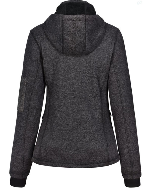 A ladies' grey bonded fleece jacket with a hood, featuring a fitted design and an included logo.