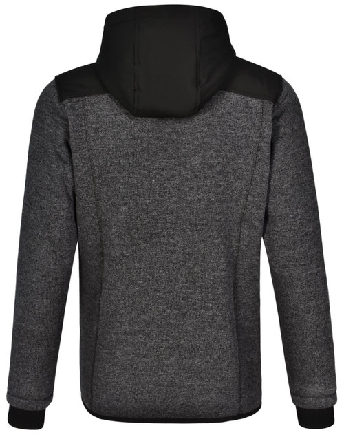 A black and grey men's jacket with a hood, featuring a quilted body and heathered sleeves. It has a logo on it.