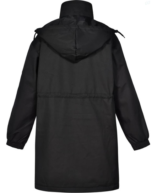 A black long line stadium jacket with a hood and elastic cuffs, featuring a cinched waist and a logo.