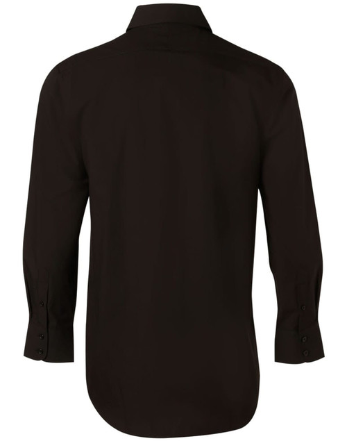 A black men's long-sleeve button-up shirt displayed from the back featuring a collar and buttoned cuffs.