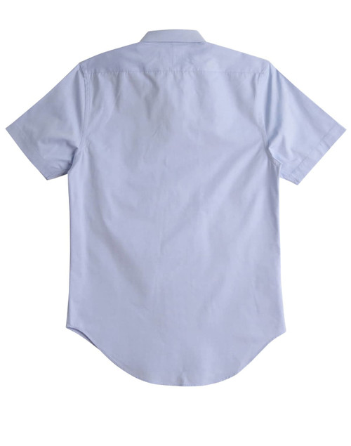 A light blue short sleeve button-up shirt with a smooth texture and a curved hem. Features a logo on the back.