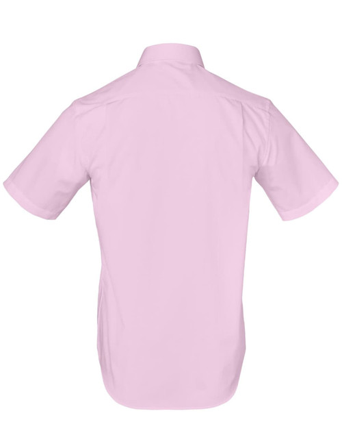 A short-sleeved, button-up shirt in light pink, featuring a smooth back design and a logo.