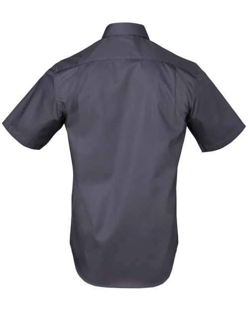 A short-sleeved men's button-up shirt in dark grey with a smooth finish and a logo on the back.