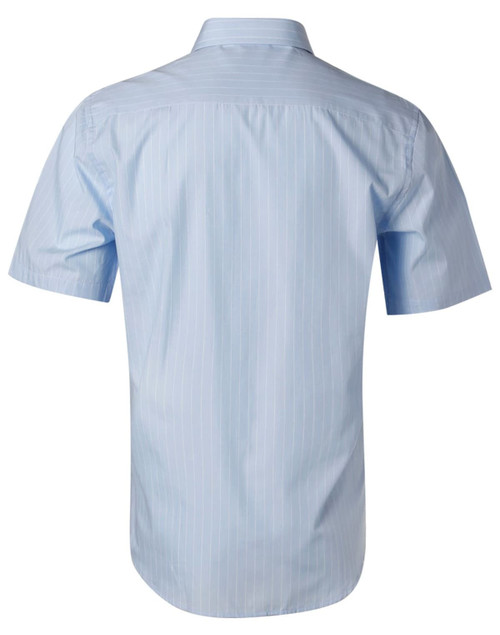 A light blue men's pin stripe short sleeve button-up shirt with a back view, featuring a collar and a logo.