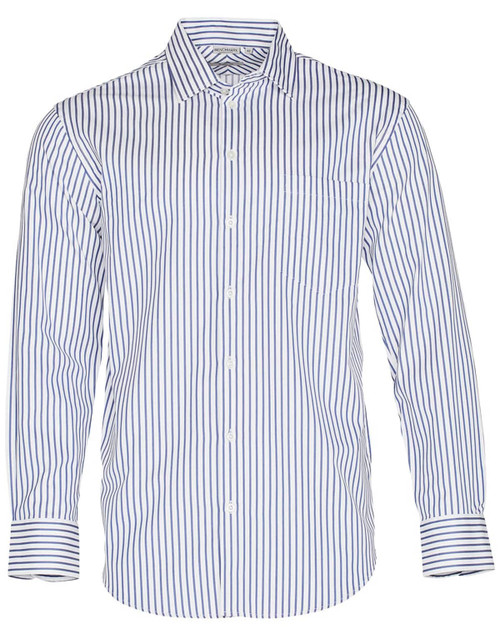 A long sleeve button-up shirt featuring blue and white sateen stripes, with a pocket and a branded logo.