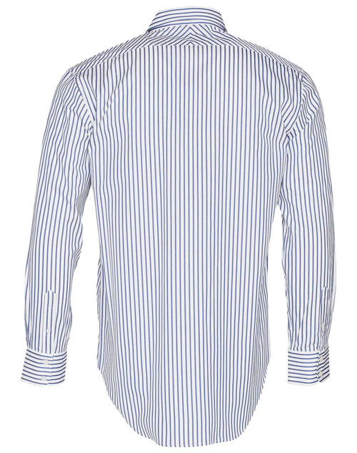 A men's long sleeve shirt in white with blue stripes, featuring a button-up design and a logo on the back.