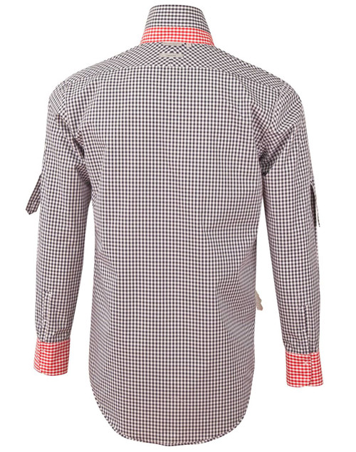 A men's long-sleeve button-up shirt in black and white gingham check with orange accents on the cuffs and collar.