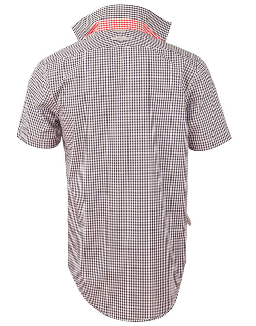 A short-sleeved men's shirt featuring a black and white gingham check pattern, with a contrasting collar and a logo.