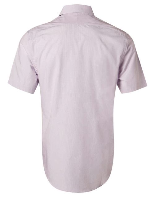 A short-sleeve men's button-up shirt in a light purple mini check pattern with a smooth back design.