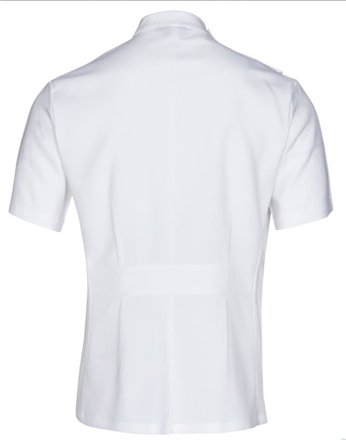 A white short sleeve jacket with a stud front design, featuring a sleek, tailored look and no visible logos.