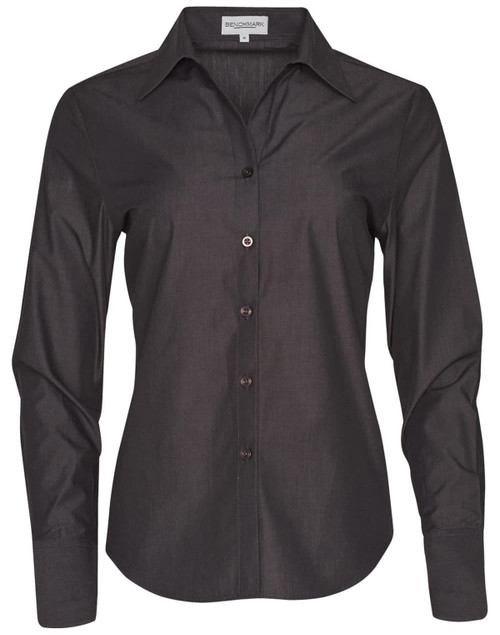 A black long sleeve button-up shirt for women, featuring a collar and a logo on the label.