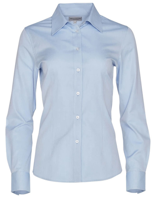A light blue women's long-sleeve button-up shirt with a collar and button front, featuring branding.