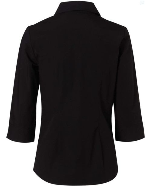 A black women's cotton/poly stretch shirt with 3/4 sleeves and a collar, featuring a smooth back design.