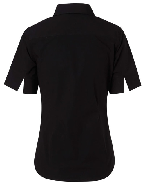 A black women's short-sleeved button-up shirt with a standard collar and a logo.