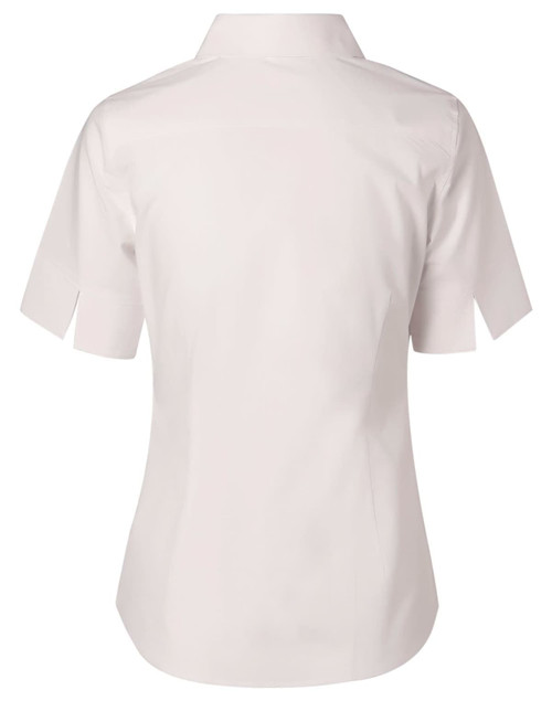 A light-coloured women's short-sleeve button-up cotton/poly stretch shirt with a simple back design.