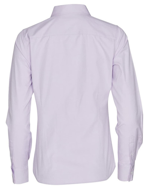 A lilac women's button-up shirt featuring long sleeves and a back view design, with a logo present.