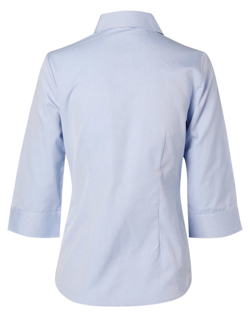 A light blue women's button-up shirt with 3/4 sleeves and a collar, featuring a logo on the back.