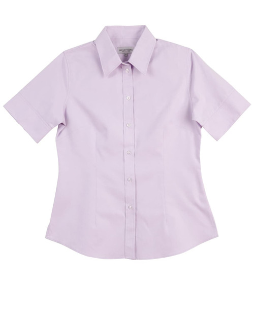 A light purple women's button-up shirt with short sleeves and a collar, featuring a logo.
