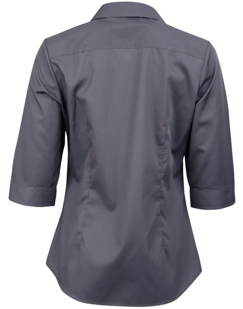 A grey women's button-up shirt with 3/4 sleeves and a dobby striped pattern, featuring a collar and back detailing.