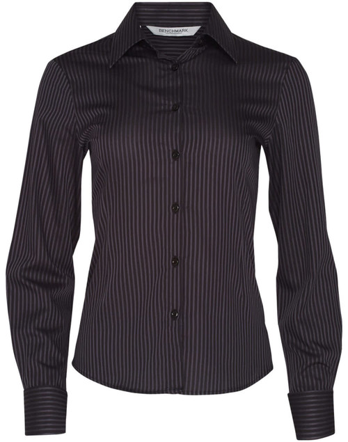A long-sleeve women's button-up shirt in black with dobby stripes, featuring a collared neckline and button closure.