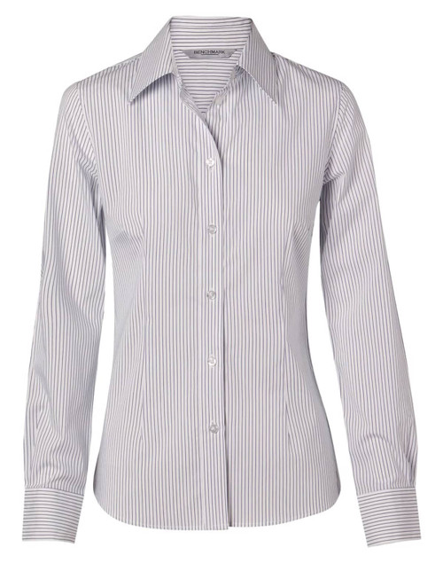A button-up shirt in blue and white ticking stripes, featuring a classic collar and long sleeves. It has a logo.