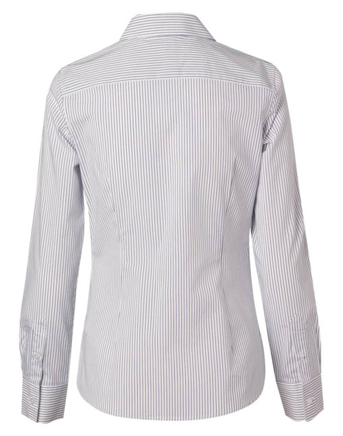 A button-up shirt in white and navy ticking stripes with long sleeves and a classic collar. Features a logo.
